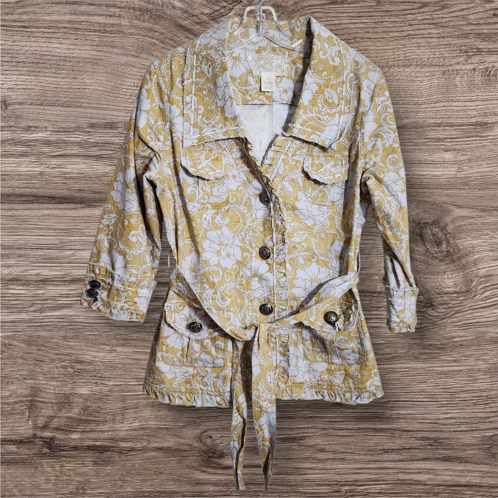 Nick & Mo floral print‎ tie waist ruffle trim button front jacket woman's size L